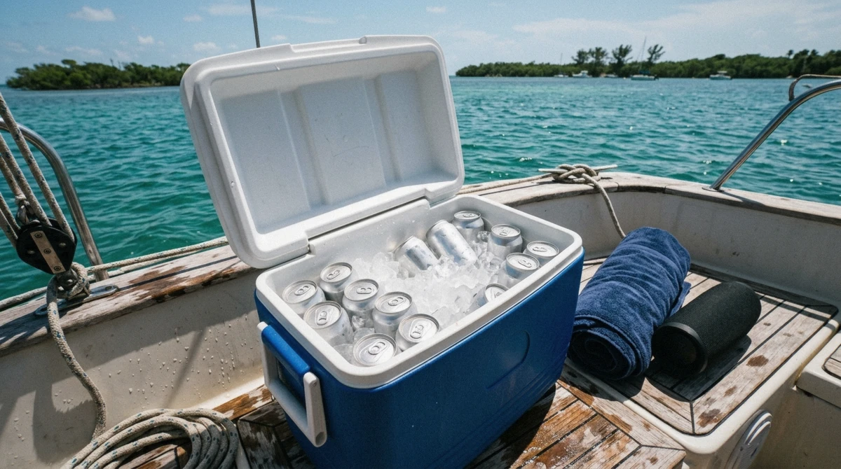 Cooler of iced drinks and a portable speaker on deck during a BYOB boat rental in Miami on Biscayne Bay
