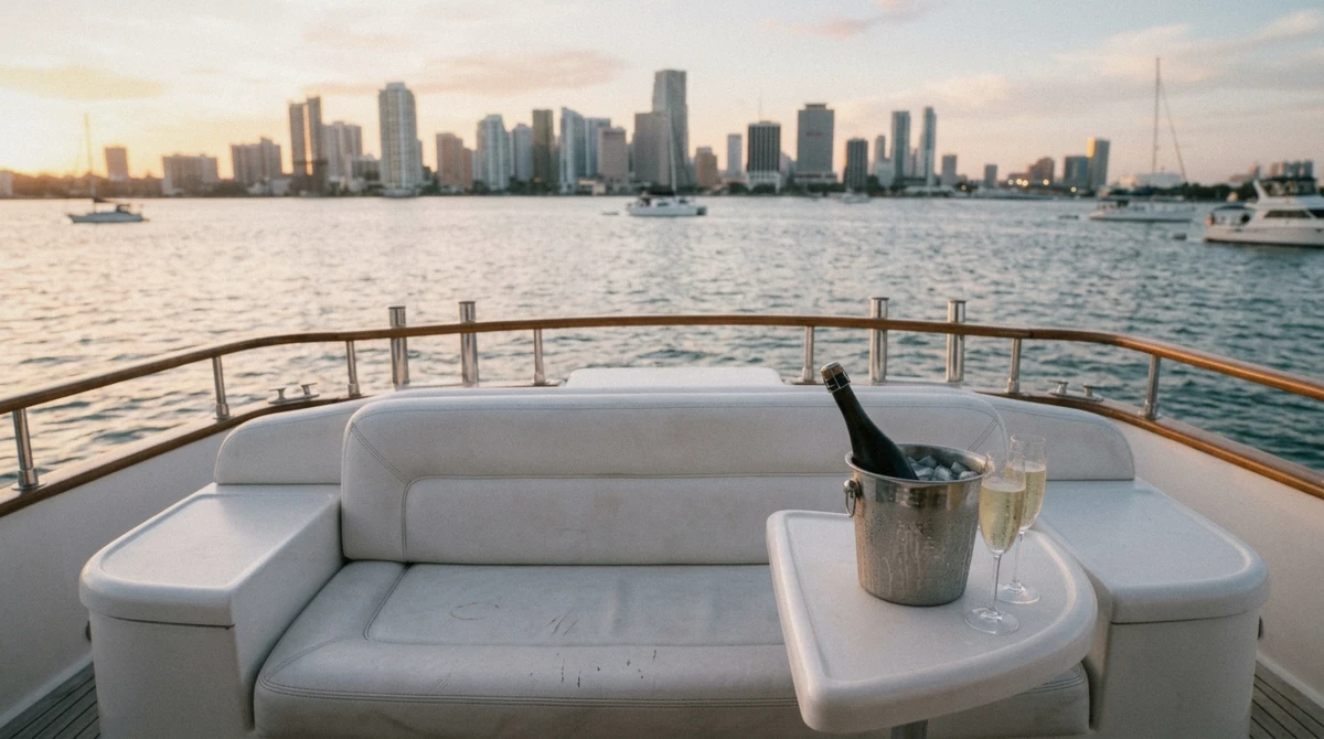 Champagne on ice and two flutes on the stern of a private yacht at golden hour on a Miami champagne yacht cruise