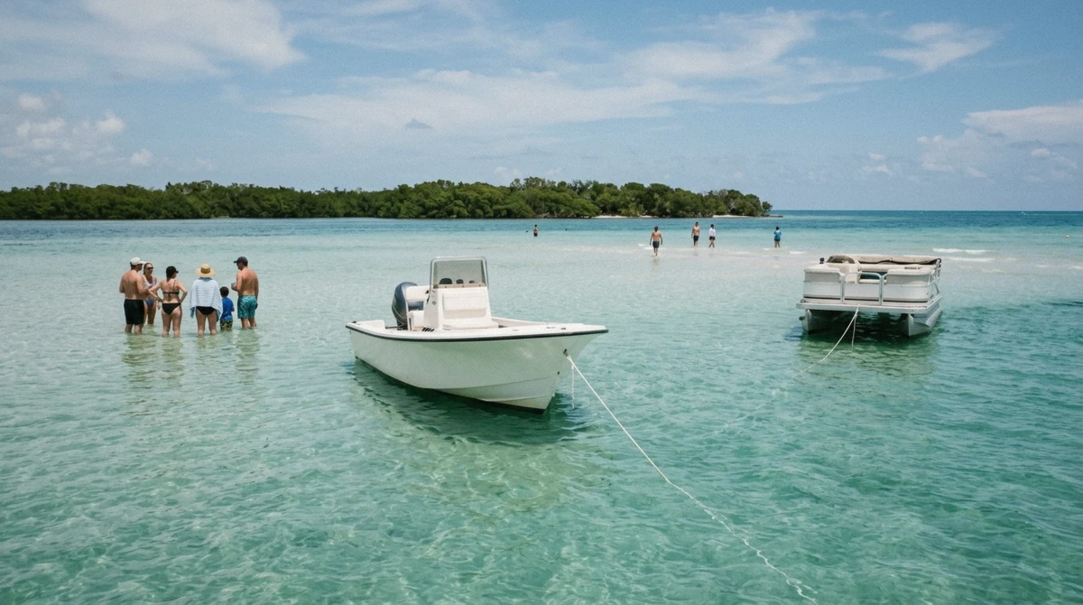 Boats anchored in waist-deep turquoise water at Haulover Sandbar during a private boat tour in Miami, Florida