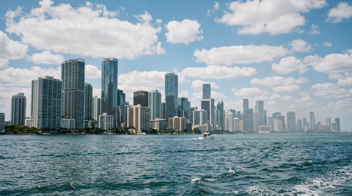 The Downtown Miami and Brickell skyline rising over Biscayne Bay seen from the deck on a private boat tour in Miami