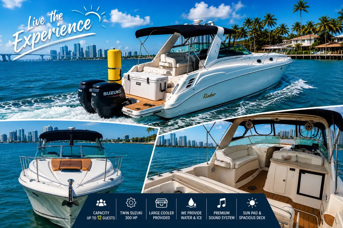 A 37-foot luxury yacht on a private boat tour in Miami cruising past the downtown skyline at golden hour